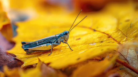 A stunning close-up of a grasshopper resting on colorful autumn leaves, displaying intricate details and vibrant colors of the season, perfect for nature enthusiasts.の素材