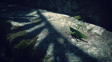 A close-up view of a green grasshopper resting on a textured rock surface, embellished with natural shadows and moss, capturing a moment of tranquility in nature.の素材