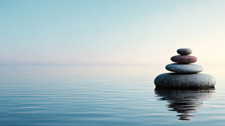 A tranquil scene featuring smooth stones stacked carefully on a calm water surface under a clear blue sky, evoking feelings of peace and balance.の素材