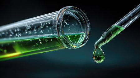 A captivating close-up of a glass test tube filled with vibrant green liquid, paired with a dropper poised to release a droplet, ideal for science and research themes.の素材
