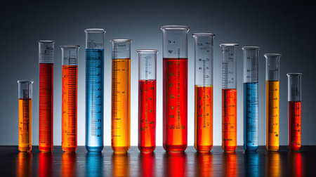 A vivid display of laboratory test tubes filled with colorful liquids in various shades. This image captures the essence of scientific research and experimentation.の素材