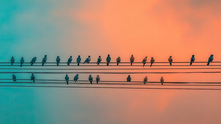 A captivating scene of birds resting on power lines, beautifully captured against a vibrant sunset sky filled with hues of orange and blue.の素材