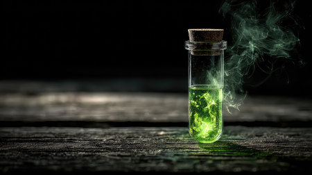 A captivating image of a glass test tube filled with a vibrant green liquid and wisps of smoke, placed on a dark wooden surface. Ideal for science and creativity themes.の素材