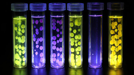 A striking image of colorful liquids in transparent test tubes, showcasing mesmerizing bubble patterns and vibrant light effects, ideal for science themes.の素材