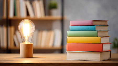 A cozy interior scene featuring a glowing light bulb beside a stack of colorful books on a wooden table, perfect for reading or studying in a modern library setting.の素材