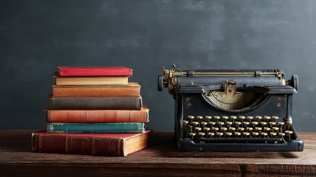 A charming arrangement featuring a vintage typewriter alongside a stack of colorful books on a rustic wooden table, set against a blackboard backdrop.の素材