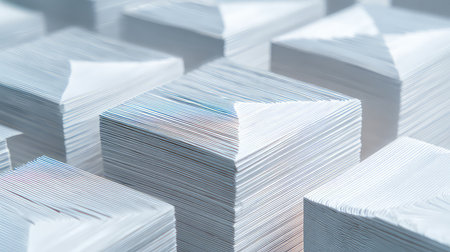 This close-up image captures stacks of paper sheets, showcasing their sharp edges and fine texture. Ideal for concepts related to office supplies, design, and organization.の素材