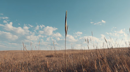 This image features a solitary blade of grass standing prominently against a vast blue sky filled with soft clouds, capturing the essence of tranquility in nature.の素材