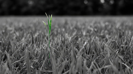 A striking image of a single green grass spear piercing through a black and white field of dry grass, symbolizing resilience and hope in nature.の素材