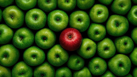 A captivating visual of a single red apple standing out among numerous green apples, symbolizing individuality and uniqueness within a fresh fruit array.の素材