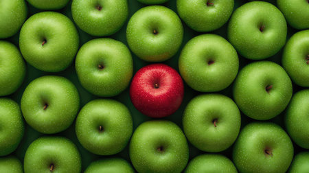 A striking visual of a single red apple set among an array of fresh green apples, showcasing contrast and vibrancy in a healthy food arrangement.の素材