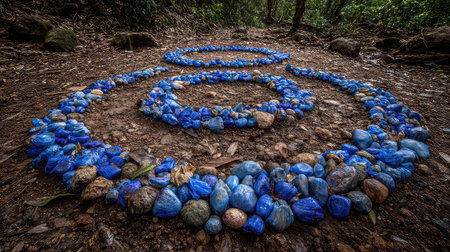 This captivating image showcases a unique installation made from blue stones arranged in circular patterns on earthy ground. The serene natural setting enhances the artistic expression, inviting tranquility and introspection. Ideal for themes of creativity and nature.の素材