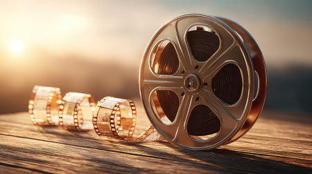 A stunning vintage film reel resting on a wooden table with an exposed film strip flowing off it, beautifully illuminated by glowing sunset light.の素材