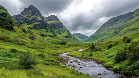 Explore the stunning beauty of the Scottish Highlands in this captivating landscape featuring a gentle river winding through vibrant green valleys and dramatic mountains.の素材