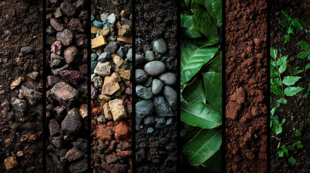 Explore the fascinating textures of earth layers, showcasing various soils, rocks, and leaves arranged vertically to highlight natural diversity.の素材