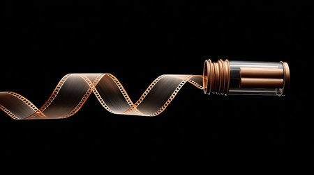 An elegant vintage film reel with unspooled film strips gracefully unfurling against a solid dark background, perfect for themes in cinema and photography.の素材