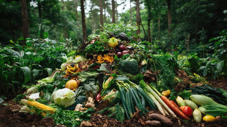 A striking display of fresh organic vegetables is artistically arranged in a lush forest, showcasing nature's bounty and the beauty of sustainable practices.の素材