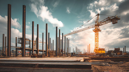 A dynamic construction site showcasing a towering crane and emerging steel columns. The scene is illuminated by the warm glow of sunset, highlighting industrial development.の素材
