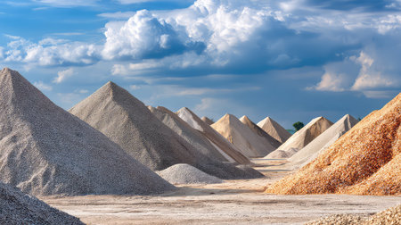Natural landscape showcasing large piles of gravel and sand under a picturesque sky. This scene captures the beauty of raw earth materials in a striking setting.の素材