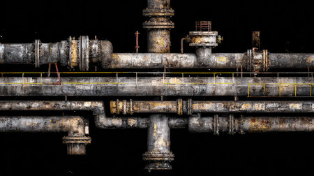 An intricate view of an industrial piping system showcasing rust and corrosion against a stark black background, highlighting age and wear.の素材