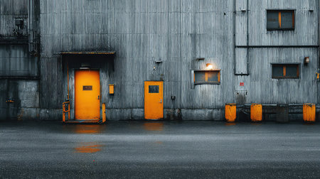 A striking industrial warehouse exterior featuring textured metal walls and bright orange doors, creating a dramatic contrast against a rainy backdrop.の素材