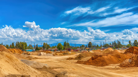 A stunning panoramic view featuring a construction site with large earth mounds under a bright blue sky adorned with fluffy clouds. The landscape showcases a rich texture and earthy tones, creating a captivating scene of construction progress.の素材