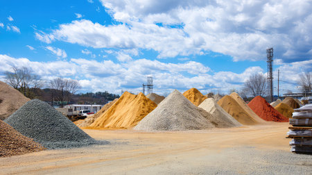 A vibrant landscape depicting piles of various construction materials in a supply yard, showcasing colors and textures under a dynamic sky.の素材