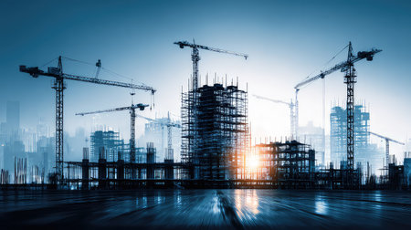 A dramatic urban construction scene captures the silhouettes of cranes and steel frameworks at sunrise, showcasing the vibrant energy of city development.の素材
