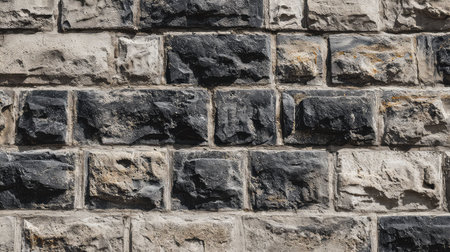 High-resolution image of a textured stone wall featuring a mix of light and dark stones, ideal for various design, architecture, and background projects.の素材