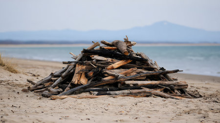 A rustic pile of driftwood rests on a sandy beach with gentle waves lapping at the shore, complemented by distant mountains and a soft sky. Perfect for nature lovers.の素材