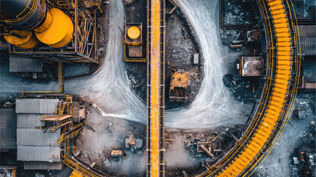 A striking aerial view of an industrial facility showcasing yellow conveyor belts and extensive infrastructure within a manufacturing environment.の素材