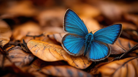 A stunning blue butterfly gracefully rests among a bed of autumn leaves, showcasing its vibrant colors in a natural outdoor setting.の素材