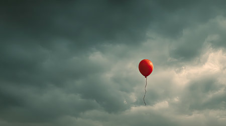 A striking image of a solitary red balloon floating against a backdrop of dark, dramatic clouds. This photo captures the essence of whimsy and isolation.の素材