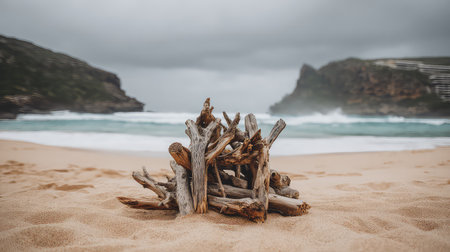 A serene scene featuring a pile of driftwood on a tranquil sandy beach, framed by crashing ocean waves and a cloudy sky, ideal for nature lovers.の素材