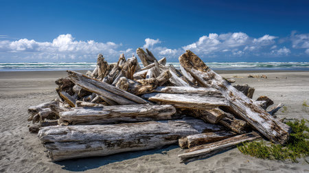 A picturesque scene capturing a pile of driftwood on a sandy beach, framed by a stunning blue sky and gentle ocean waves. Perfect for nature lovers.の素材