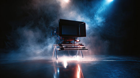 A striking image of a vintage film camera positioned on a stage, enveloped in dramatic lighting and swirling smoke, emphasizing the art of cinematography.の素材