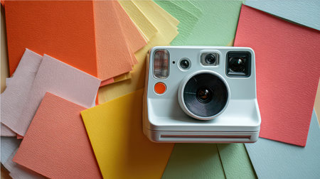 A vintage instant camera rests atop an array of colorful paper textures, inviting creative photography projects and artistic expressions. This vibrant composition showcases a playful mix of colors that inspire imagination and exploration in photography.の素材