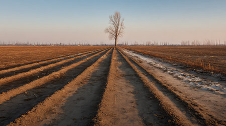 A solitary tree stands in an expansive agricultural field at dusk. The clean lines of freshly tilled soil lead to a distant horizon under clear skies.の素材