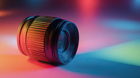 A stunning camera lens captures attention with its sleek design and colorful background. Perfect for showcasing photography equipment and artistic compositions.の素材