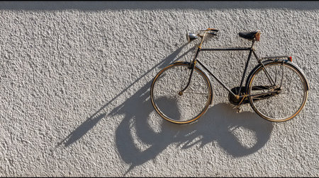 A vintage bicycle rests against a textured white wall, creating artistic shadows that highlight its unique silhouette. This image combines rustic charm with minimalism.の素材