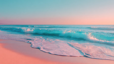 This stunning image captures the serene beauty of ocean waves gently lapping against a soft sandy beach at sunset, enveloped in pastel colors.の素材