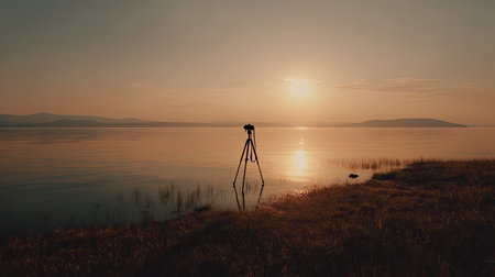 A serene scene featuring a solitary camera on a tripod at sunset, capturing the tranquil reflection on calm water with gentle hills in the background.の素材
