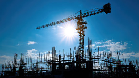 A powerful image of a construction crane in silhouette, with a bright sun shining in the background over a bustling construction site.の素材