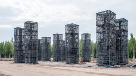 A series of abstract steel structures rise from the ground at a construction site, framed by lush green trees and a cloudy sky, highlighting industrial development.の素材