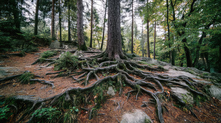 This captivating image showcases a majestic tree with sprawling roots set in a serene forest, highlighting the beauty of nature and tranquility.の素材