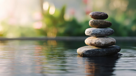 A visually striking stack of smooth stones rests atop a tranquil water surface, capturing a sense of balance and harmony in a serene natural environment.の素材