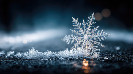 A stunning close-up of an intricate snowflake resting on an icy surface, illuminated by soft blue light, capturing the beauty of winter's delicate formations.の素材
