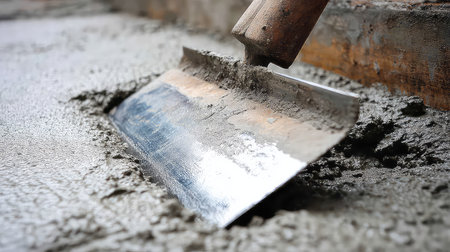 A close-up image showcasing a construction tool mixing cement into a fresh concrete surface. This photo captures the essence of renovation and craftsmanship in progress.の素材