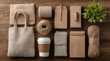 A beautifully arranged assortment of eco-friendly packaging materials, including a reusable bag, twine, wrapped gifts, and a coffee cup, set on a wooden table.の素材