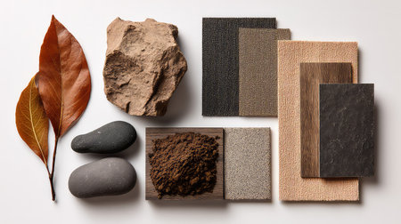 This image showcases a carefully arranged collection of natural materials, including leaves, rocks, textiles, and soil, emphasizing earthy tones and textures for design inspiration.の素材
